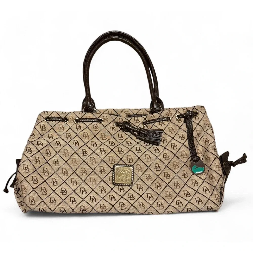 Dooney & Bourke DB Logo Canvas Satchel Bag Brown Leather Drawstring